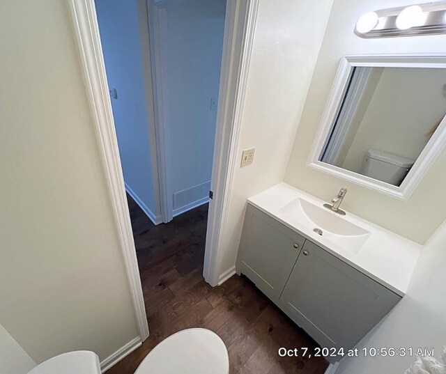 bathroom with wood-type flooring, vanity, and toilet