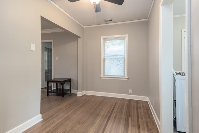 spare room featuring ceiling fan, hardwood / wood-style flooring, and ornamental molding