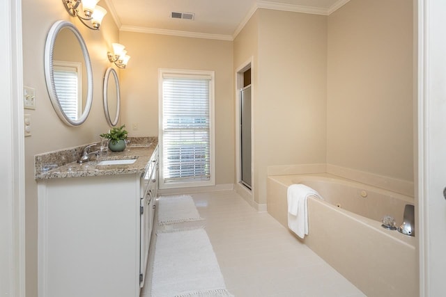 bathroom featuring ornamental molding, vanity, tile patterned floors, and plus walk in shower