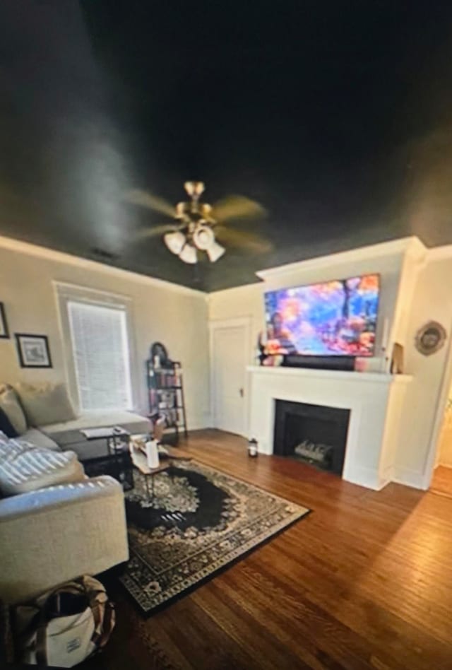 living room featuring hardwood / wood-style floors and ceiling fan