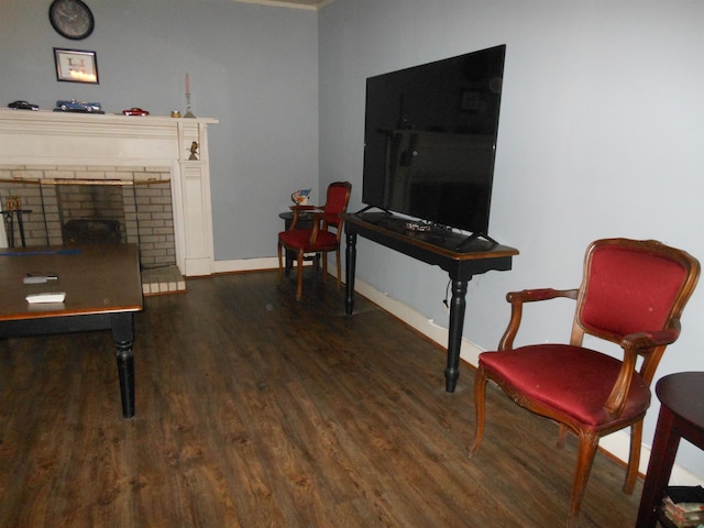 living area with a fireplace and dark wood-type flooring