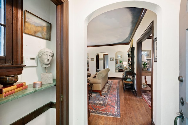 hallway with crown molding and dark wood-type flooring