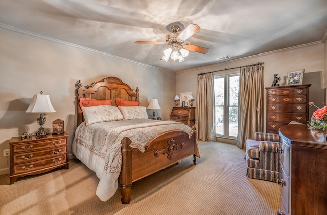 bedroom featuring ceiling fan, light colored carpet, and ornamental molding