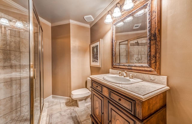 bathroom with walk in shower, tile patterned floors, ornamental molding, vanity, and toilet