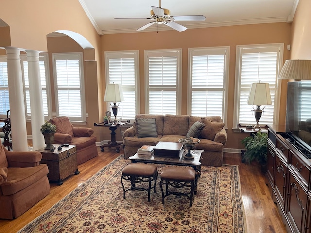 living room featuring ornamental molding, light wood-type flooring, plenty of natural light, and decorative columns