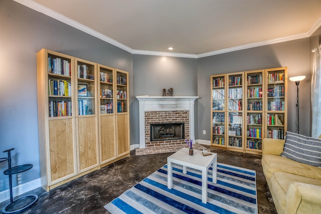 living room featuring a fireplace and crown molding