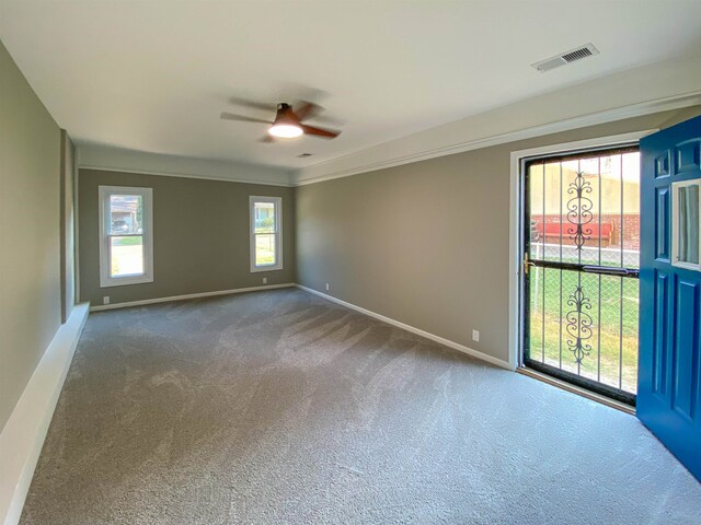 carpeted spare room with ceiling fan, ornamental molding, and a wealth of natural light