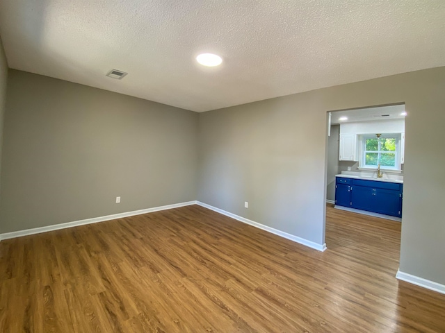 unfurnished room featuring light wood-type flooring, sink, and a textured ceiling