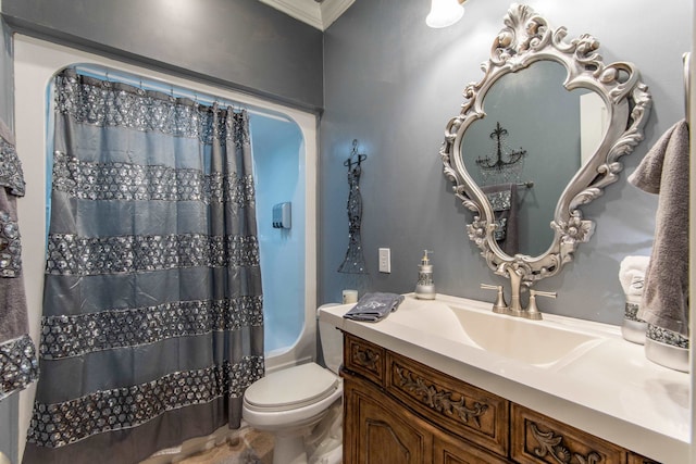 full bathroom featuring shower / tub combo, crown molding, vanity, and toilet