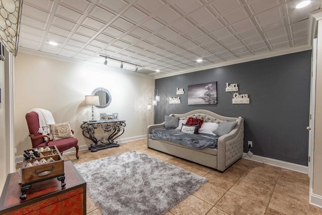 tiled bedroom with ornamental molding