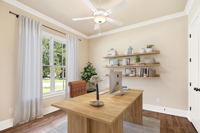 office area featuring ornamental molding, hardwood / wood-style flooring, and ceiling fan