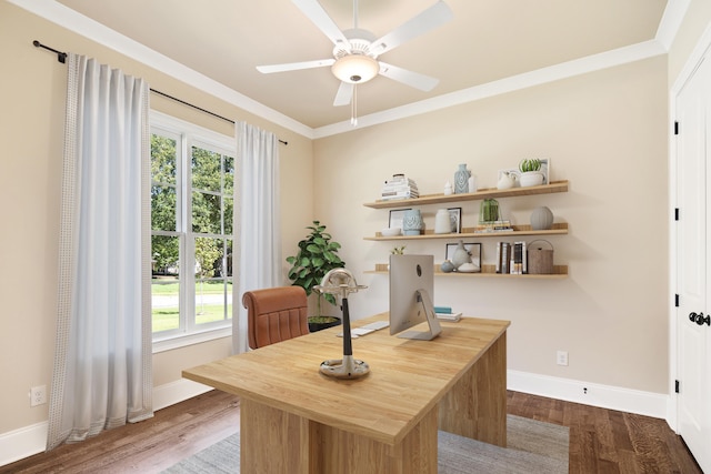 6625 Pidgeon Woods Cv, Memphis, TN 38119 - home office featuring baseboards, a ceiling fan, wood finished floors, and a healthy amount of sunlight
