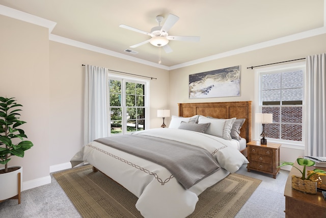 carpeted bedroom with ceiling fan and crown molding