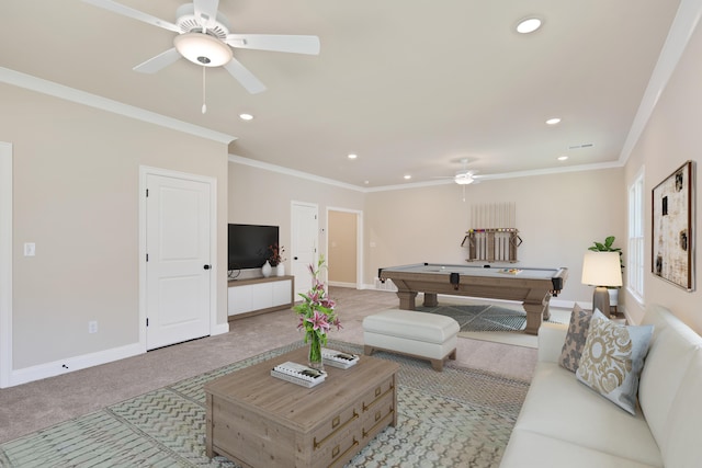 carpeted living room featuring pool table, crown molding, and ceiling fan