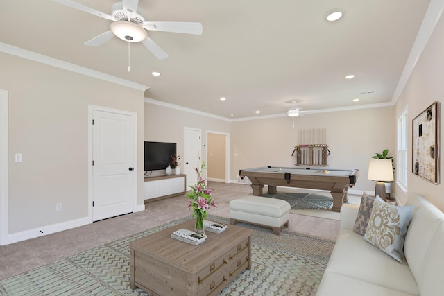 6625 Pidgeon Woods Cv, Memphis, TN 38119 - living room with billiards, ornamental molding, recessed lighting, a ceiling fan, and light colored carpet