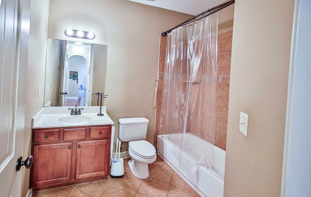 full bathroom with vanity, shower / bath combination with curtain, toilet, and tile patterned flooring