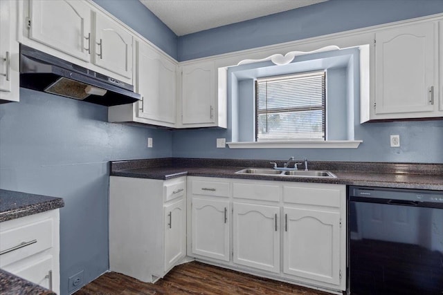 kitchen featuring dark hardwood / wood-style floors, black dishwasher, white cabinets, and sink