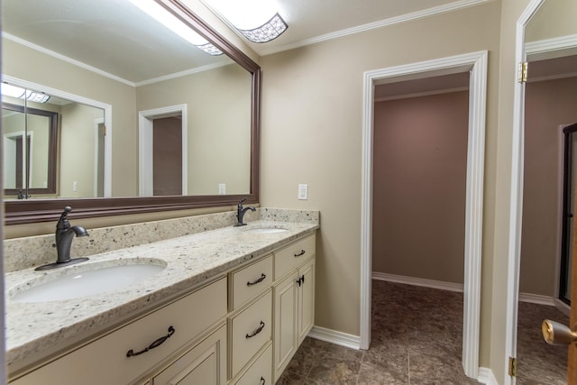 bathroom featuring ornamental molding, tile patterned flooring, and vanity