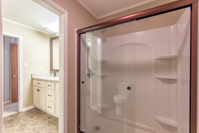 bathroom with vanity, a shower with door, tile patterned floors, crown molding, and toilet