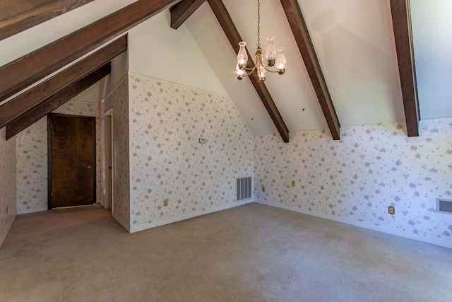 additional living space featuring a notable chandelier, vaulted ceiling with beams, and light colored carpet