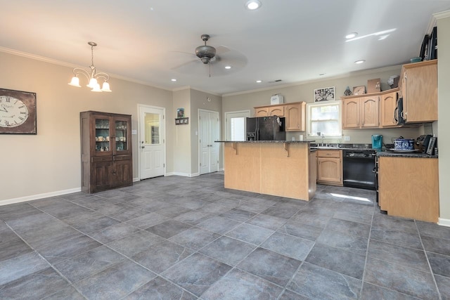 kitchen featuring a kitchen island, black appliances, light brown cabinets, crown molding, and decorative light fixtures