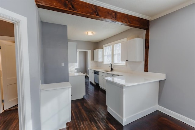 kitchen featuring white cabinets, sink, dishwasher, dark hardwood / wood-style floors, and crown molding