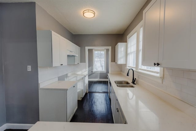 kitchen featuring backsplash, dark hardwood / wood-style floors, sink, and white cabinetry