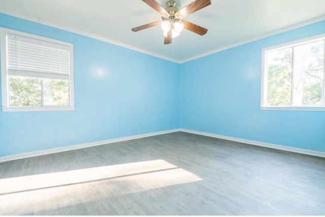 unfurnished room with wood-type flooring, crown molding, and ceiling fan