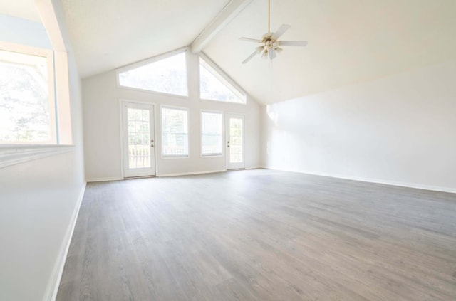 unfurnished living room with ceiling fan, beamed ceiling, dark wood-type flooring, and high vaulted ceiling