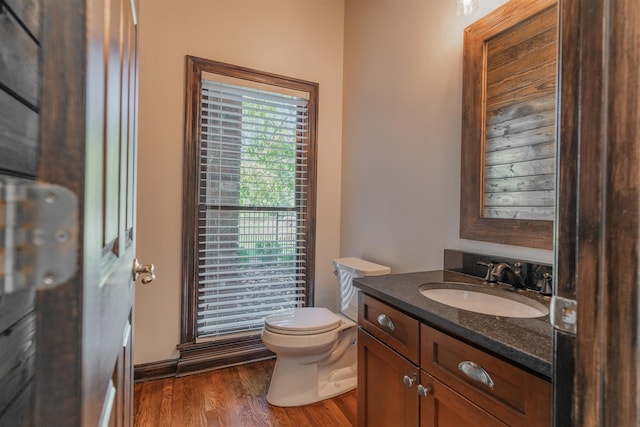 bathroom featuring vanity, toilet, and hardwood / wood-style flooring