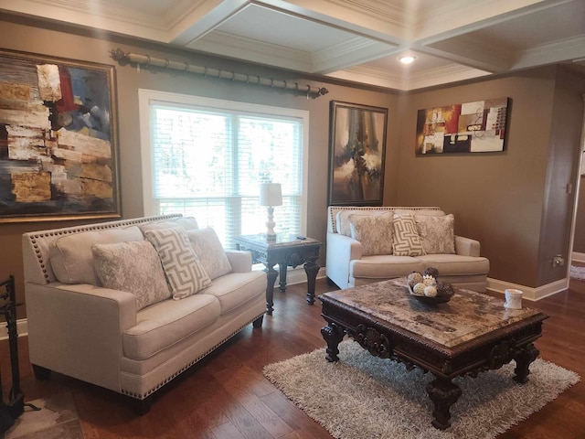 living room featuring coffered ceiling, dark hardwood / wood-style flooring, a wealth of natural light, and beam ceiling