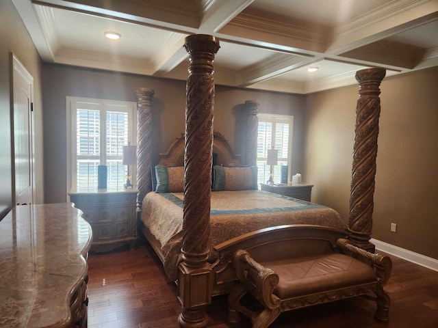 bedroom with beam ceiling, crown molding, coffered ceiling, and dark hardwood / wood-style flooring