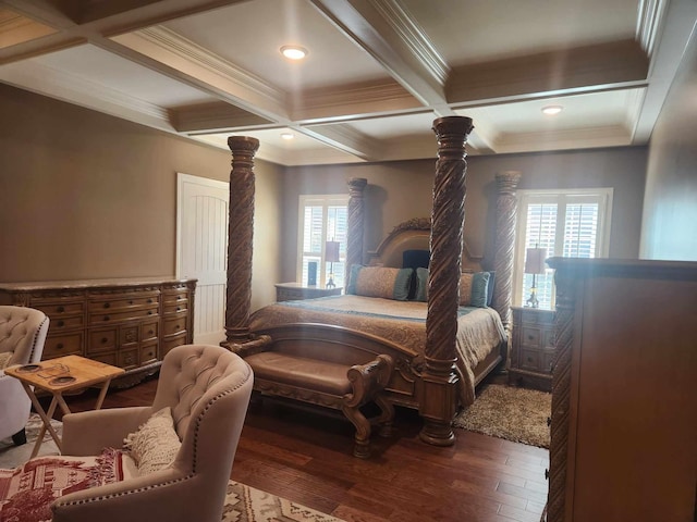 bedroom featuring beamed ceiling, hardwood / wood-style floors, coffered ceiling, and multiple windows