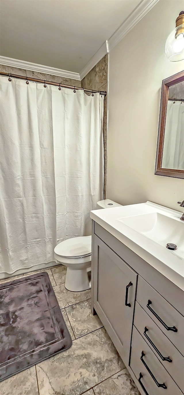 bathroom with vanity, toilet, and crown molding