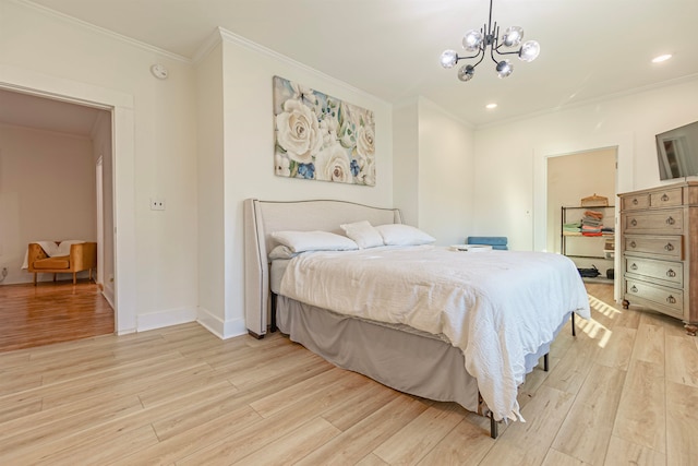 bedroom with ornamental molding, light wood-type flooring, and a chandelier