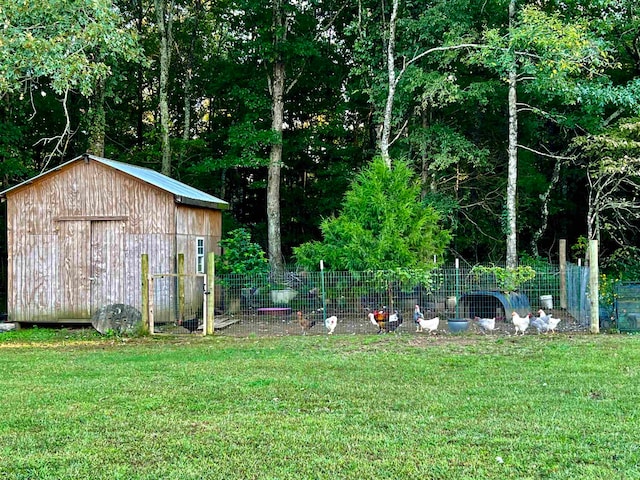 view of yard featuring a storage shed