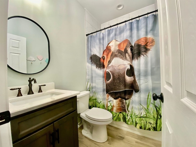 bathroom with vanity, curtained shower, toilet, and wood-type flooring