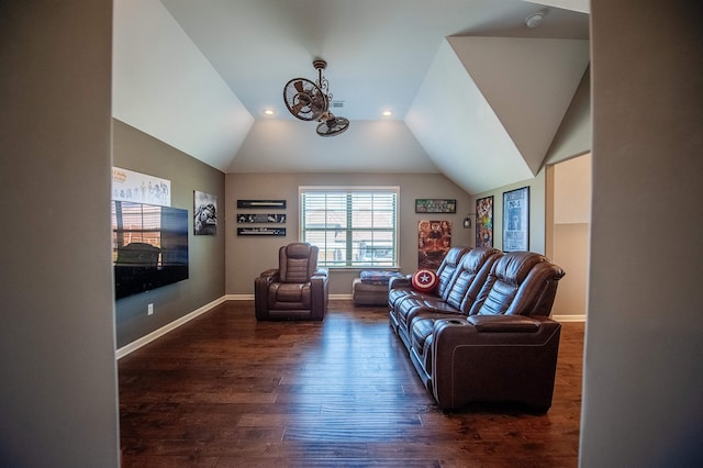 living room with lofted ceiling and dark hardwood / wood-style floors