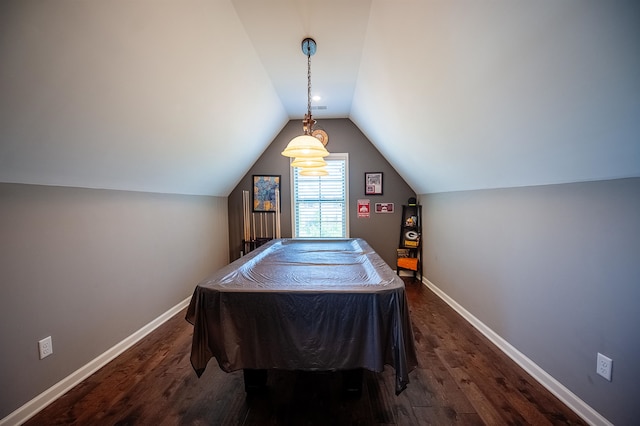 playroom featuring lofted ceiling, pool table, and dark wood-type flooring