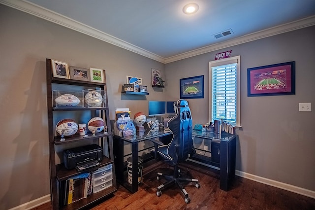 office space featuring crown molding and hardwood / wood-style floors