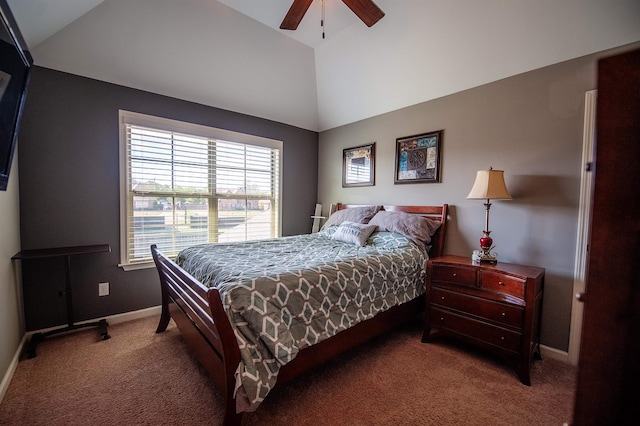 bedroom featuring ceiling fan, carpet, and high vaulted ceiling