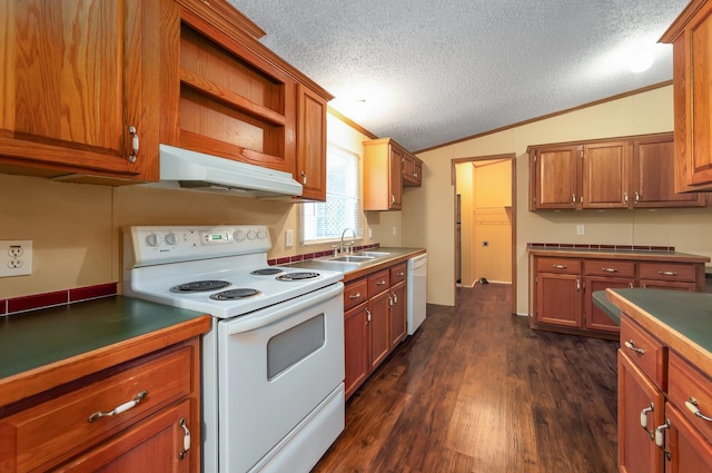 kitchen with lofted ceiling, ornamental molding, white appliances, a textured ceiling, and dark hardwood / wood-style floors