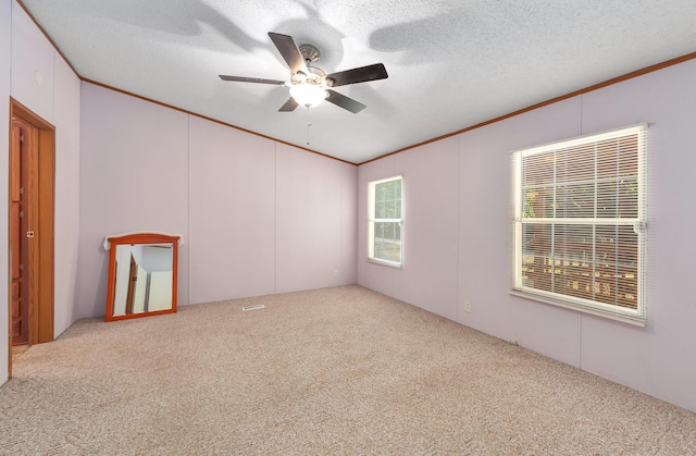 carpeted spare room featuring ceiling fan, crown molding, and a textured ceiling