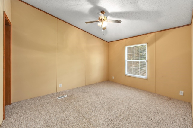 carpeted empty room featuring ornamental molding, ceiling fan, and a textured ceiling