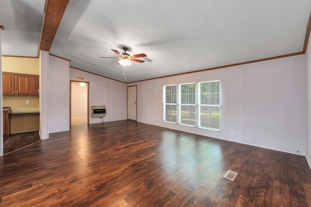 unfurnished living room with ceiling fan, a textured ceiling, heating unit, dark wood-type flooring, and vaulted ceiling