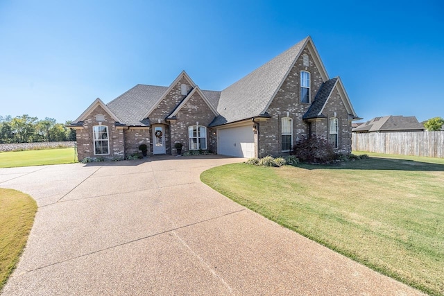 view of front of home with a garage and a front lawn