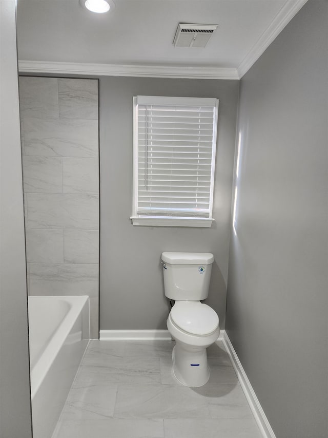 bathroom featuring independent shower and bath, crown molding, and toilet