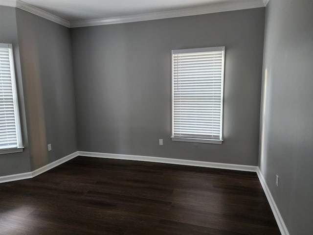 spare room with crown molding and dark wood-type flooring