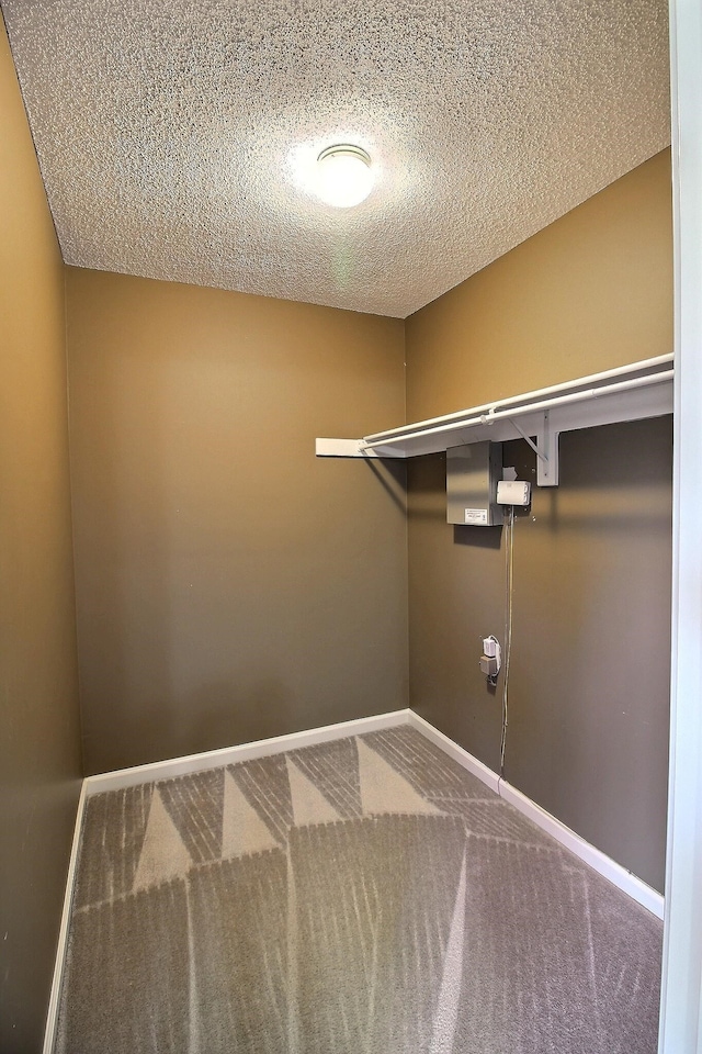 laundry room with a textured ceiling and carpet