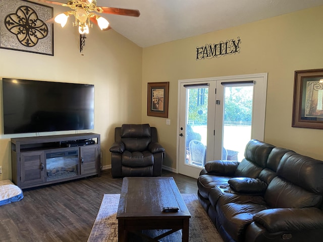 2845 Gilchrist Stantonville Rd, Stantonville, TN 38379 - living area featuring lofted ceiling, a ceiling fan, baseboards, and dark wood-style flooring